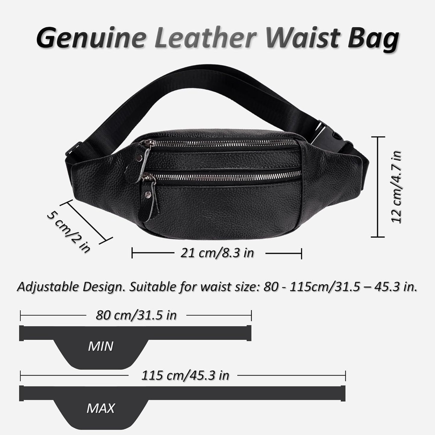 Genuine Leather Waist Bag, Outdoor Travel Waist Pack, Cowhide Leather Fanny Pack with Adjustable Strap, Suitable for Travelling, Outdoor Hiking, Cycling, Running - Black & Small