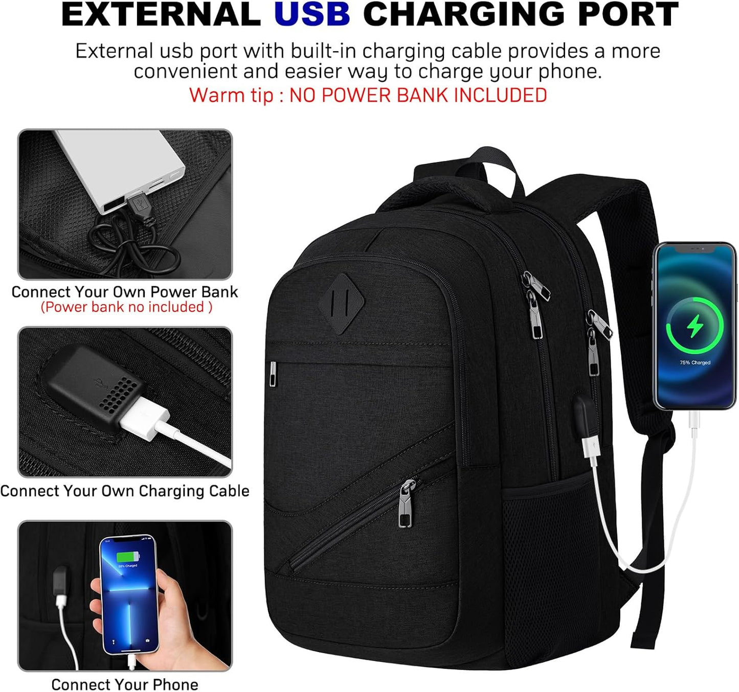 School Laptop Backpack for Women Men: 15.6 Inch College High School Backpacks with USB Charging Port Waterproof Travel Back Pack with Anti-theft Pockets Casual Work Daypack for Boys Students (Black)