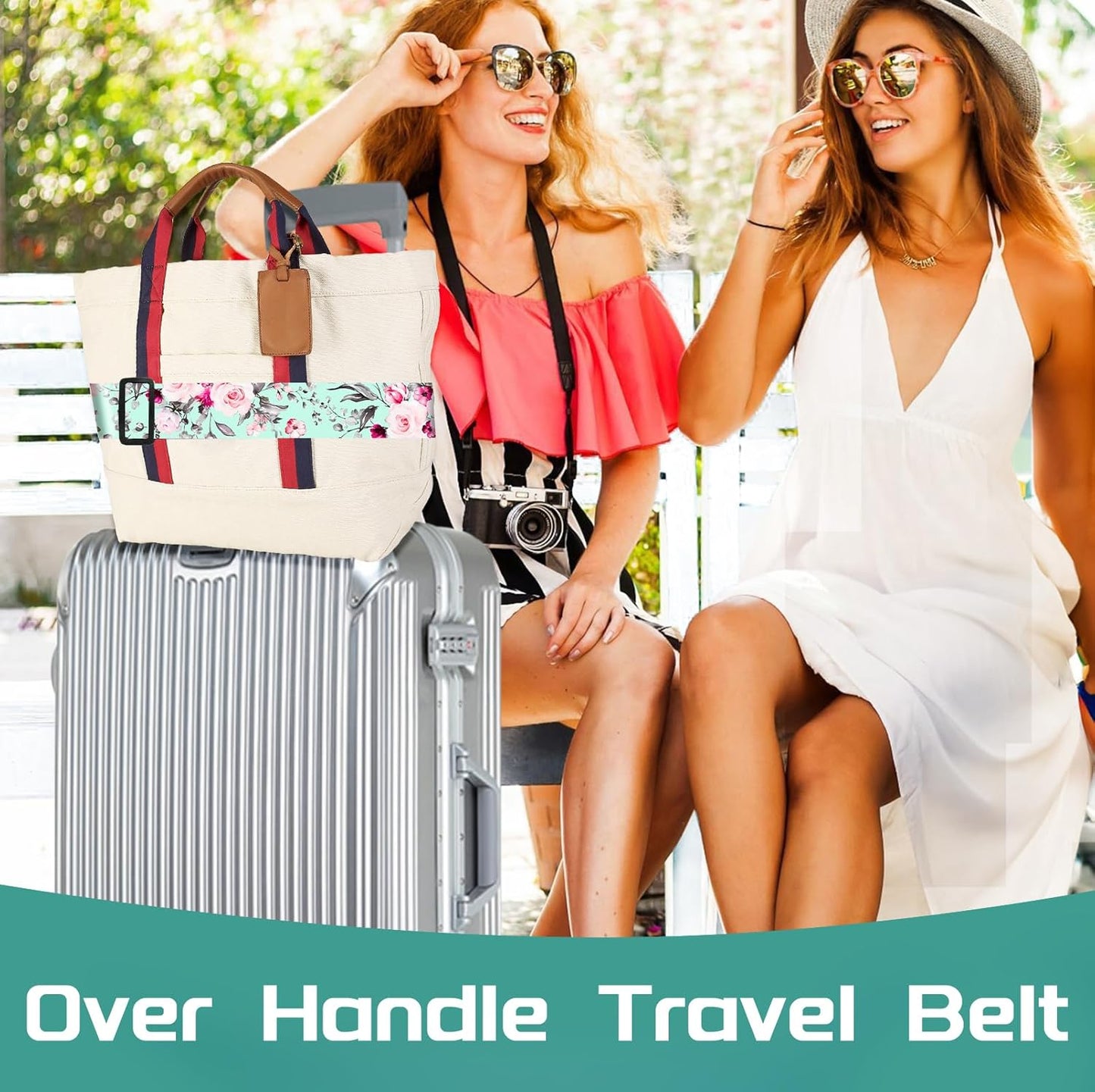 Slohif Luggage Straps for Suitcases Travel Belt Accessories Luggage Connector Identifiers Over Handle with Buckle Unique Nylon Adjustable Strap for Sleeping Bag Car Seat Green Flower (2 Pack)
