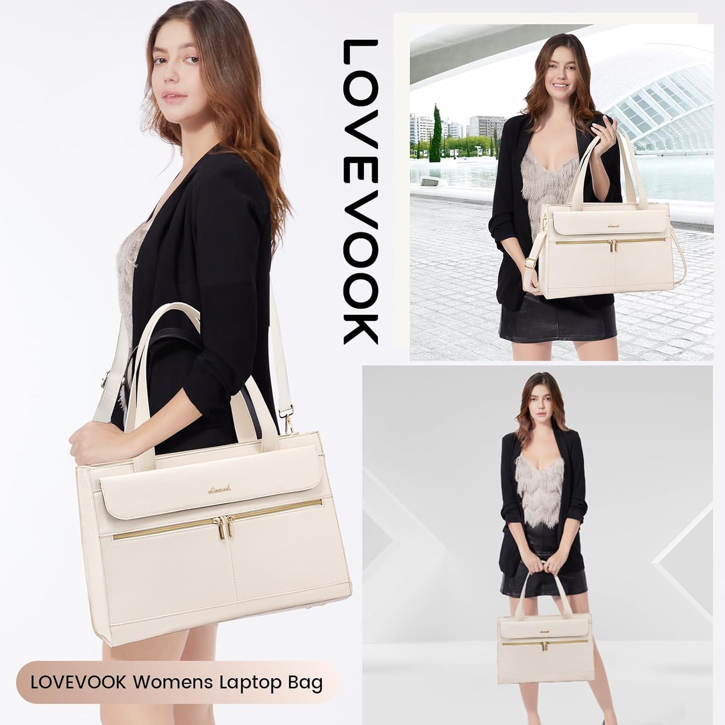 LOVEVOOK Laptop Bag for Women 15.6 Inch Tote Work Professional Leather Computer Briefcase Waterproof Handbag Shoulder Large Capacity Business Teacher Office Crossbody Purse, 206# Beige White