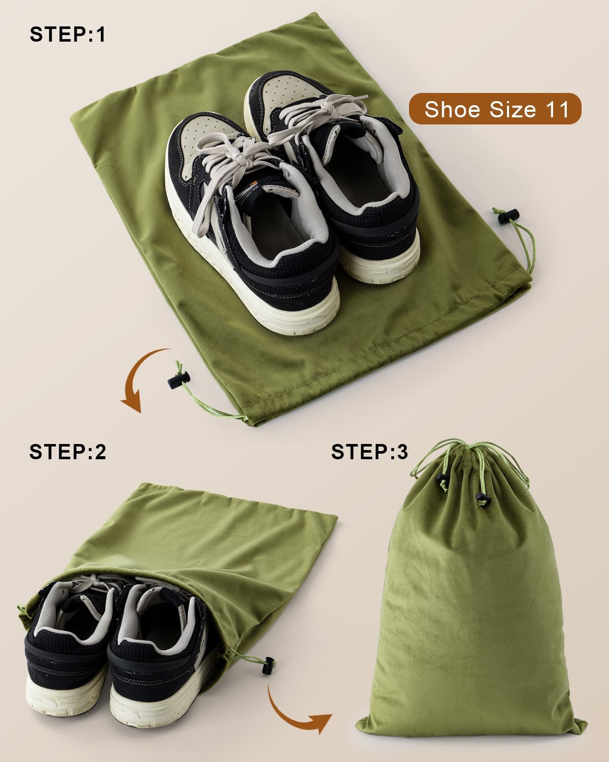 FantasyLife Shoe Bags for Travel, 4 PCS Washable Dust Bags for Storage & Packing, Flannel Shoe Pouch with Drawstring Closure for Purses, Handbags, Shoes & Toys (Sage Green)