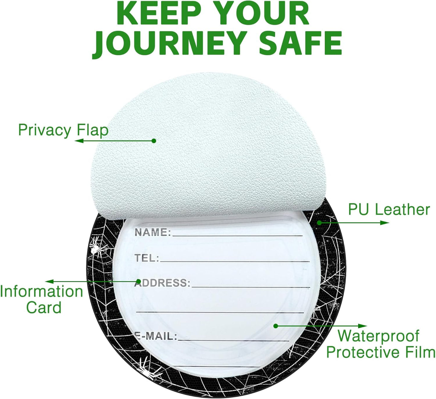 Round Cute Luggage Tags 2 Pack Spider on Spider Web Creative Baggage Tags,Cruise Travel Baggage Suitcases Tag with Stainless Steel Loop ID Tag Privacy Flap