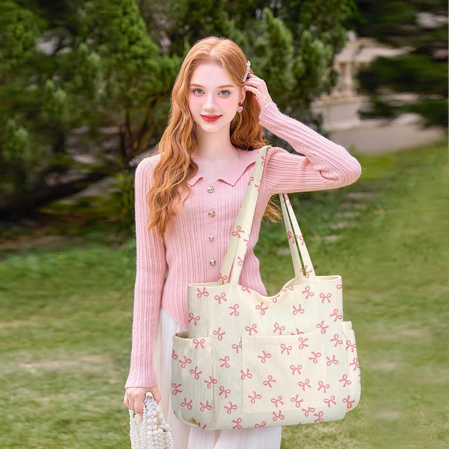 Corduroy Tote Bag for Women,Large Capacity Cute Tote Bags With 6 Pockets,Crossbody Shoulder Handbag