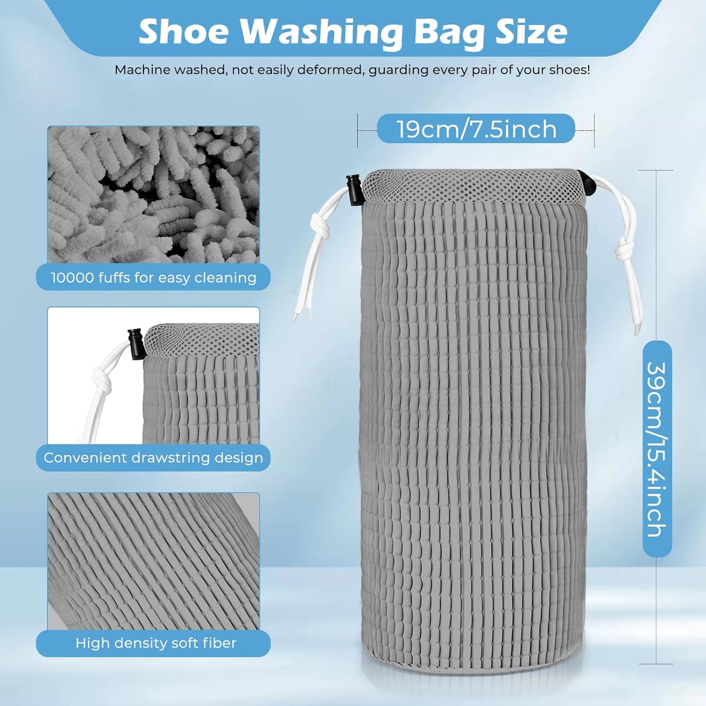 2Pcs Shoe Washing Machine Bag, Reusable Shoe Laundry Bag, Sneaker Washing Machine Bags, Shoe Cleaning Wash Bag with 360° Cleaning Fibers & Adjustable Drawstring, Fits Most Shoes Washer (Gray)