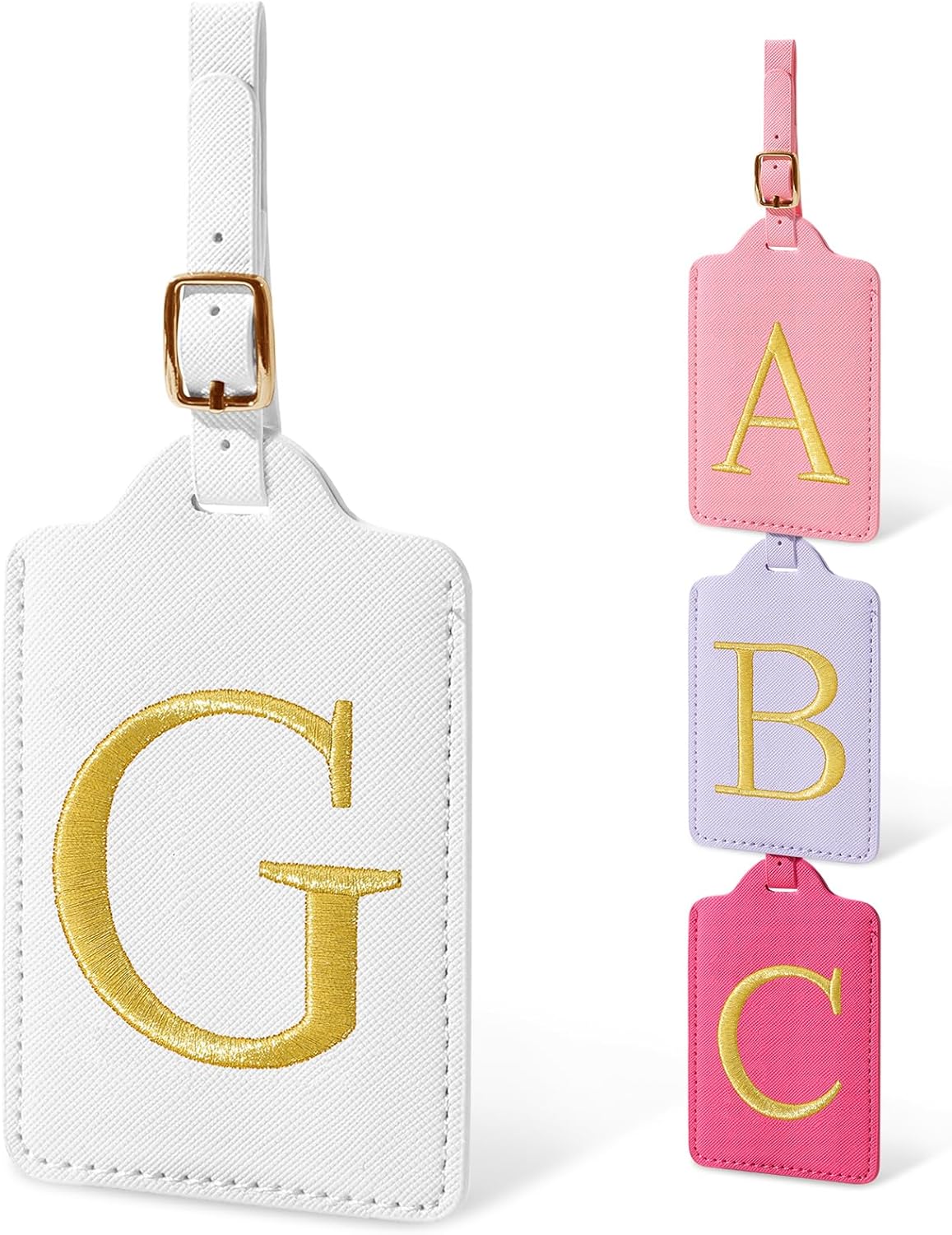Initial Luggage Tags for Suitcases, Cute Embroidered Letter Luggage Bag Suitcase Identifier Name Baggage Tag, PU Leather Travel Luggage Tags, Bag Tags for Men Women Kids Luggage Handbags(White G)