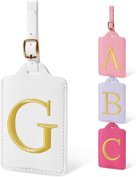 Initial Luggage Tags for Suitcases, Cute Embroidered Letter Luggage Bag Suitcase Identifier Name Baggage Tag, PU Leather Travel Luggage Tags, Bag Tags for Men Women Kids Luggage Handbags(White G)