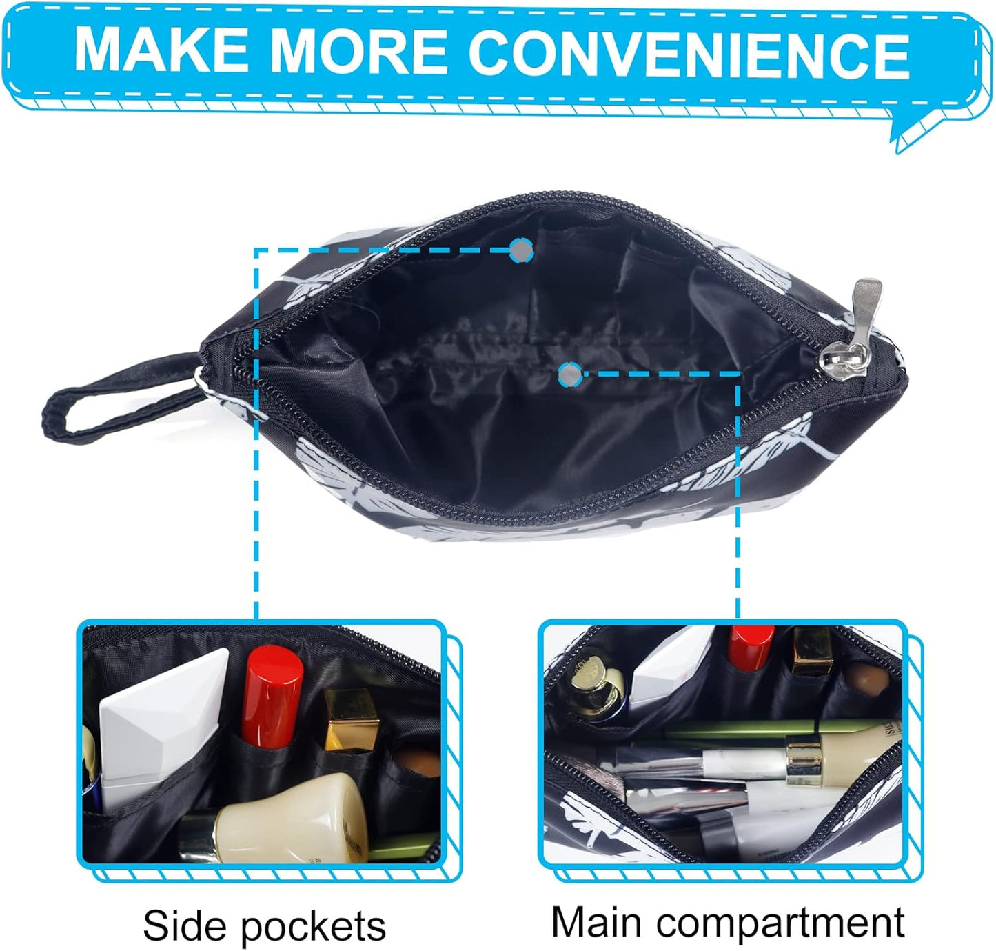 Gloppie Small Makeup Bag for Purse Compact Cosmetic Bag Zipper Make Up Pouch Purse Essentials Black White Leaves