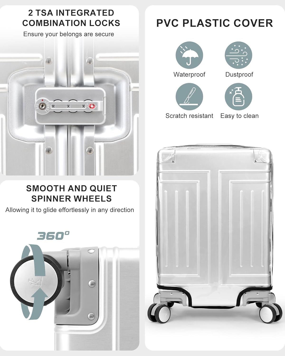 All Aluminum Magnesium Carry On Luggage with Removable Wheels Provide Spare Wheels. Lightweight Metal Hard Shell Zipperless Suitcase Travel Essential Accessories 22x14x9.