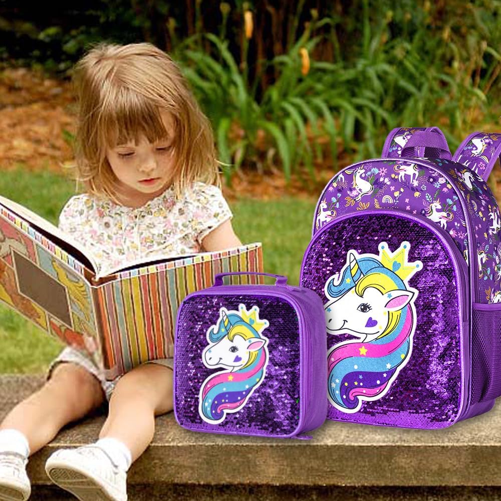 3PCS Girls Backpack, 16" Sequin Prechool Elementary Bookbag and Lunch Box