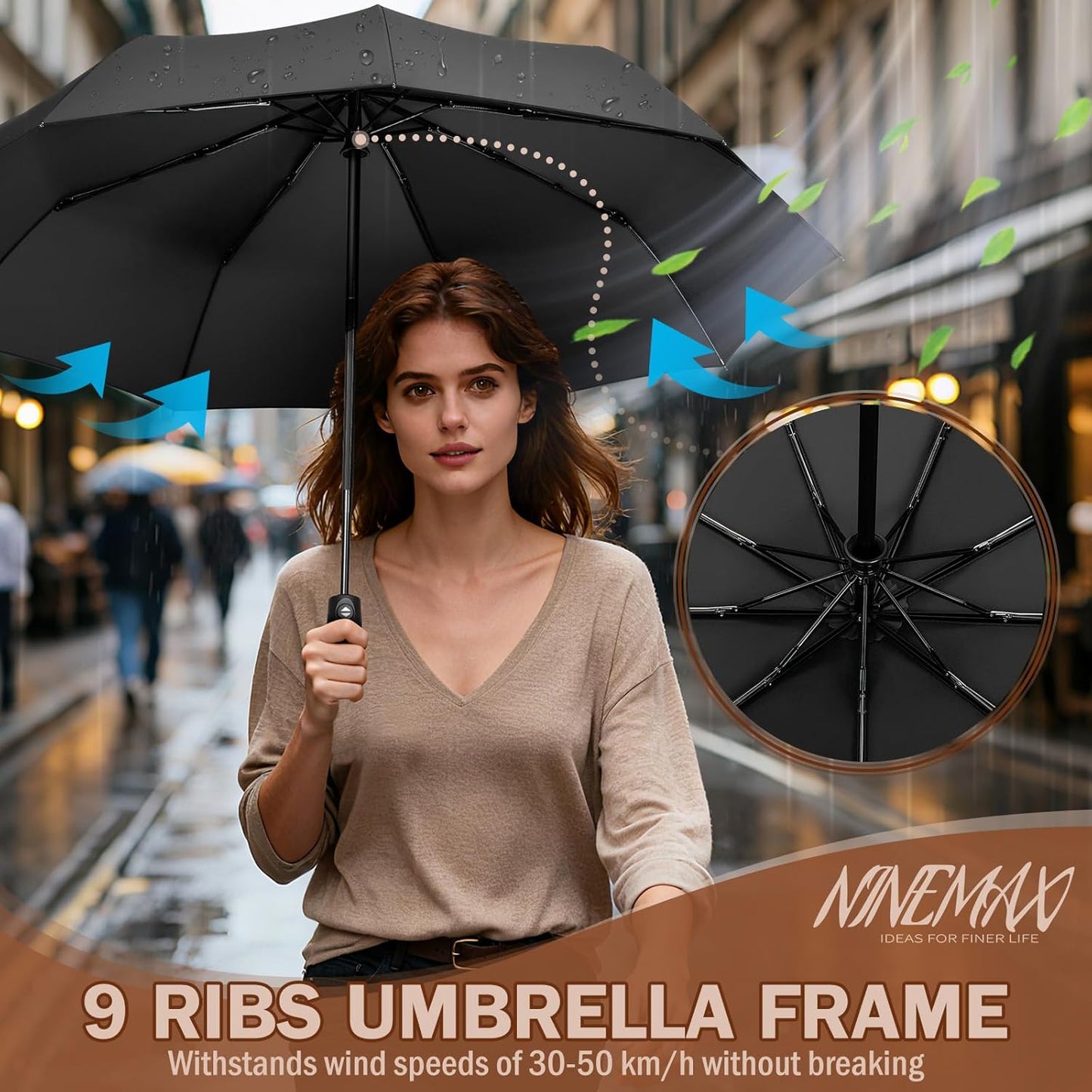 NINEMAX Travel Folding Umbrella Windproof for Men Women, Portable Compact Umbrellas Automatic Open and Close for Rain