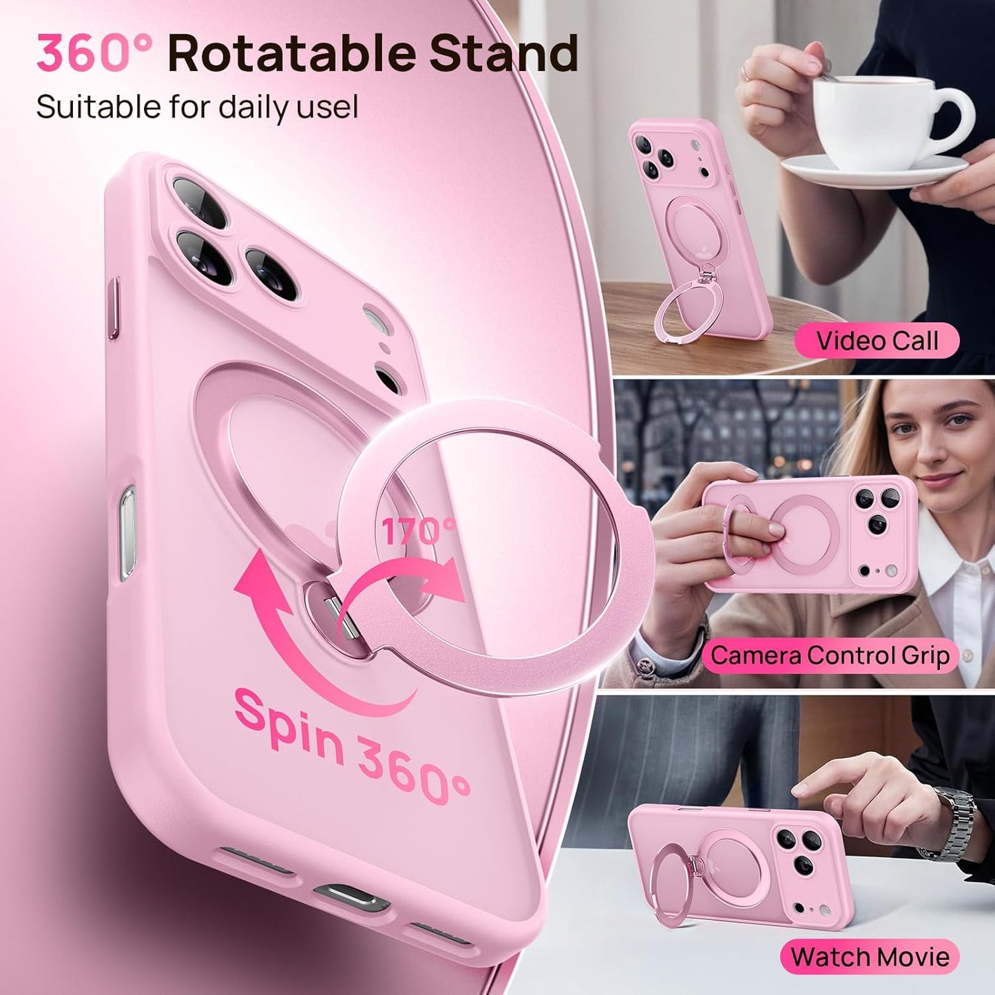 360° Spin Magnetic Stand for iPhone 17 Pro Max Case, [Fit for MagSafe][Military Protection][Full Camera Protection] Adjustable Kickstand iPhone Case for iPhone 17 Pro Max 6.9", Pink