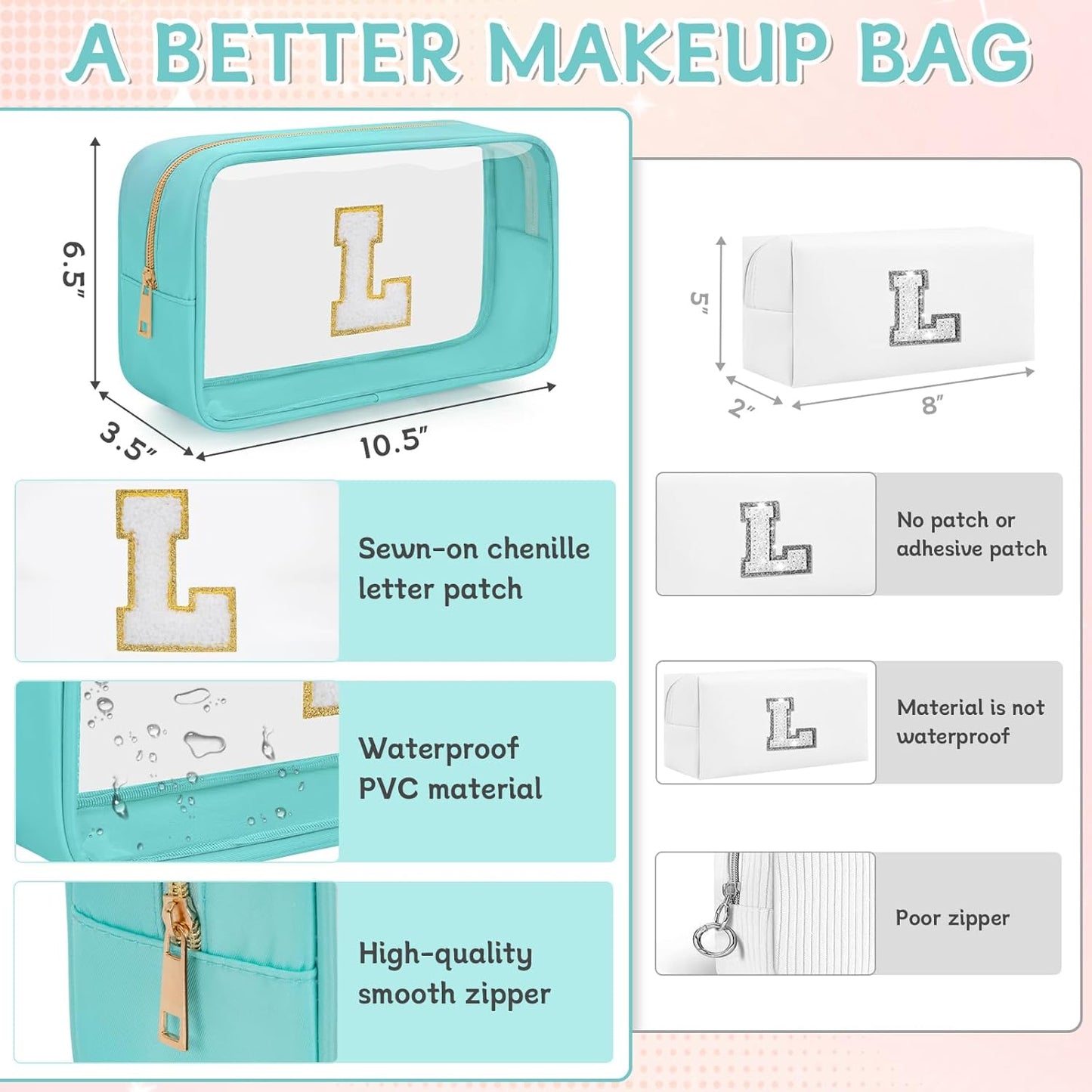 Personalized Initial Clear Makeup Bag, Travel Chenille Patch Cosmetic Bag, Preppy Toiletry Bag Monogram Cosmetic Pouch with Zipper, Ideal Gift for Teen Girls Women (Clear-Green, L)