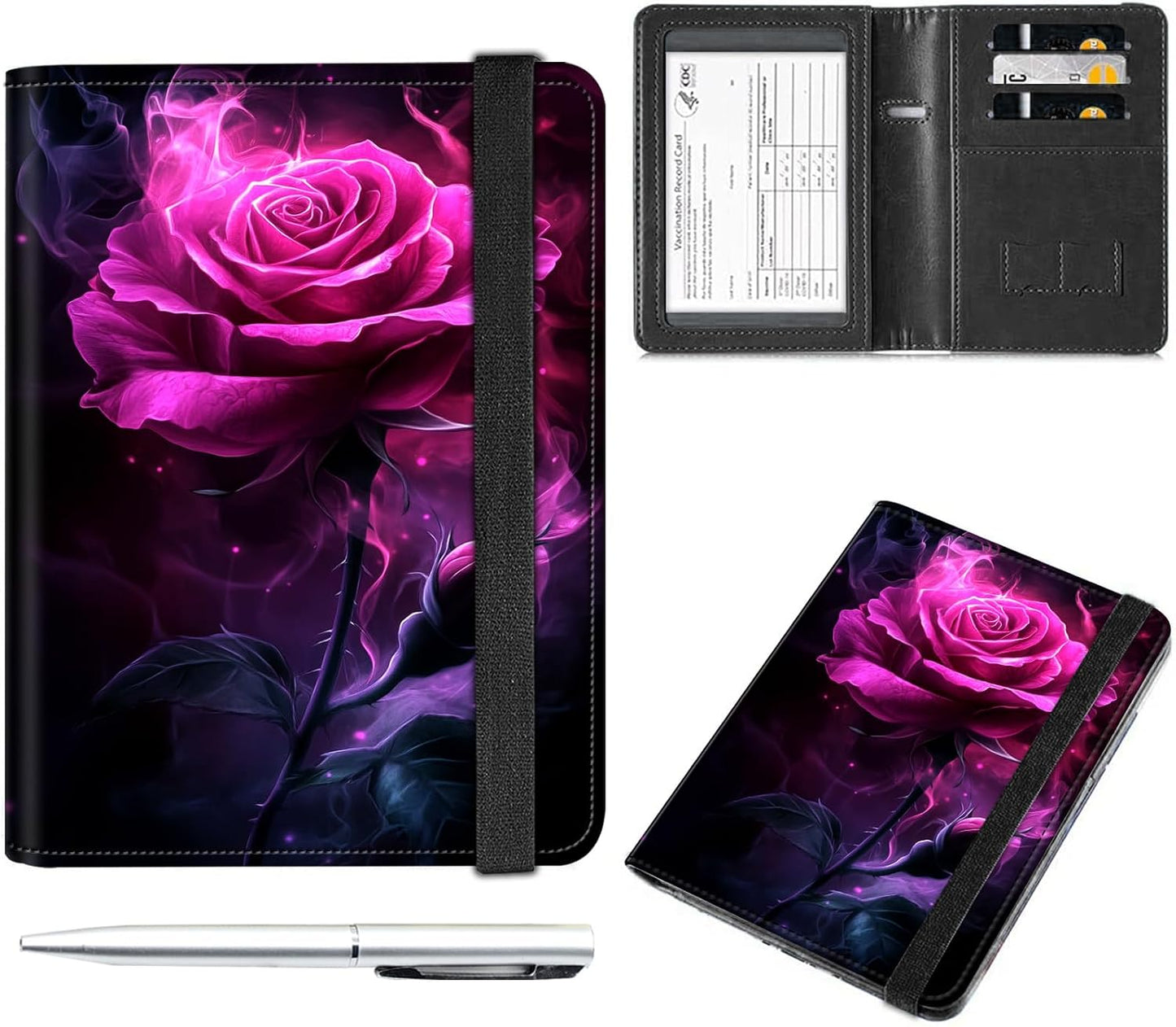 Passport and Vaccine Card Holder Cover Combo,Travel Passport Holder Wallet with RFID Blocking, Leather Vaccine Card Slot Passport Cover Case for Women & Men,Pink Rose with Smoke Swirling