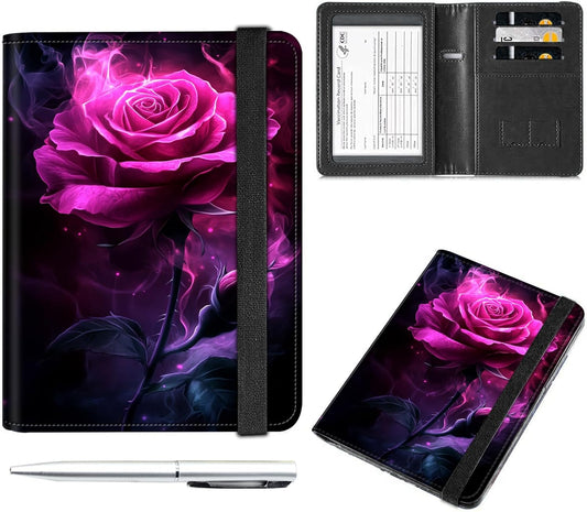 Passport and Vaccine Card Holder Cover Combo,Travel Passport Holder Wallet with RFID Blocking, Leather Vaccine Card Slot Passport Cover Case for Women & Men,Pink Rose with Smoke Swirling