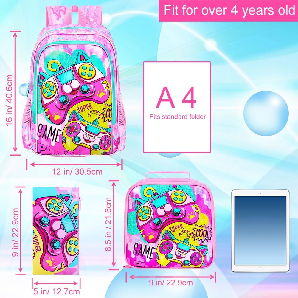 KLFVB 3PCS Girls Game Backpack, Water Resistant Kids Bookbag with Lunch Box, 16" Preschool Backpacks for Elementary - Game Pink