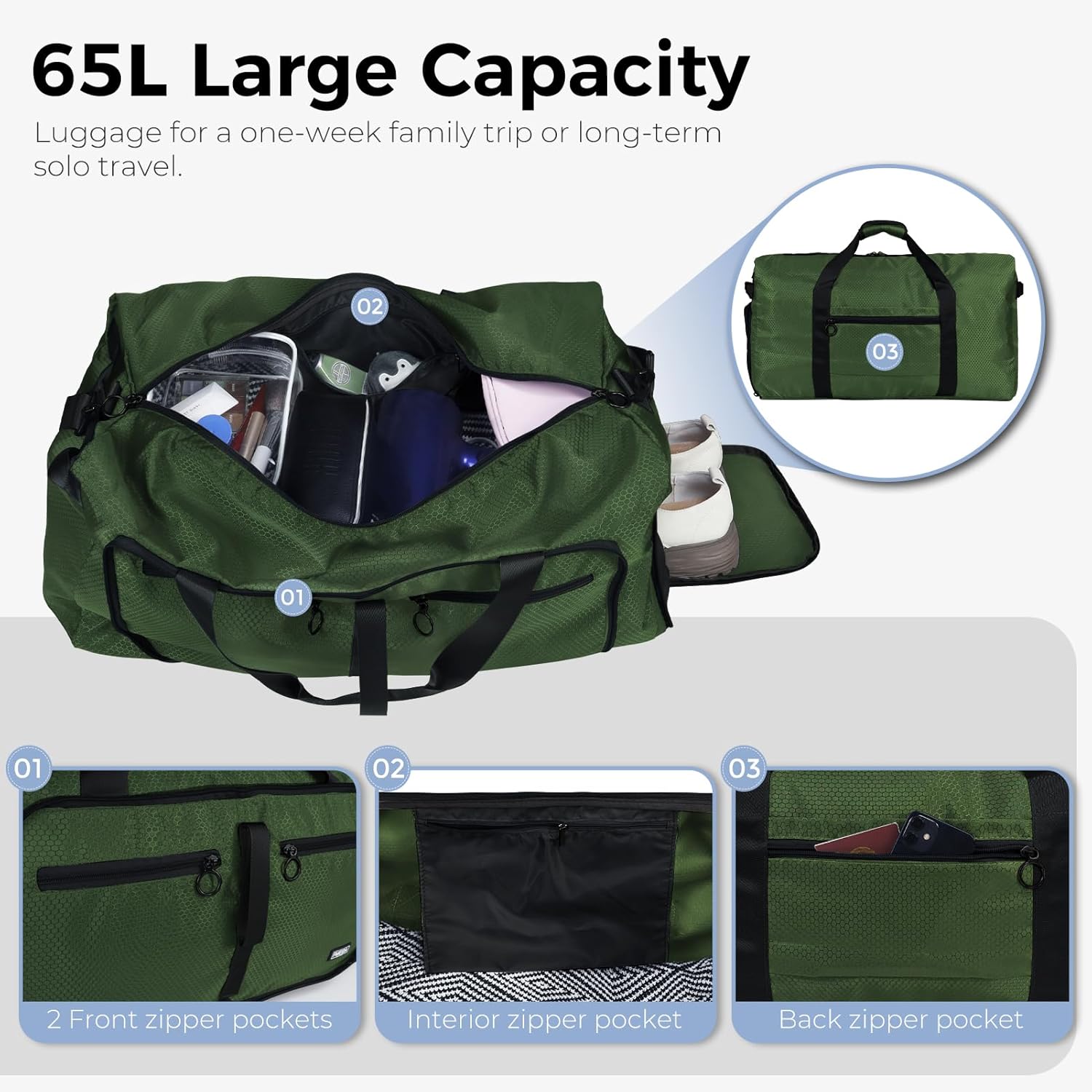Fmeida 65L Duffle Bag with Shoes Compartment, Foldable Travel Duffel Bags for Men Women, Large