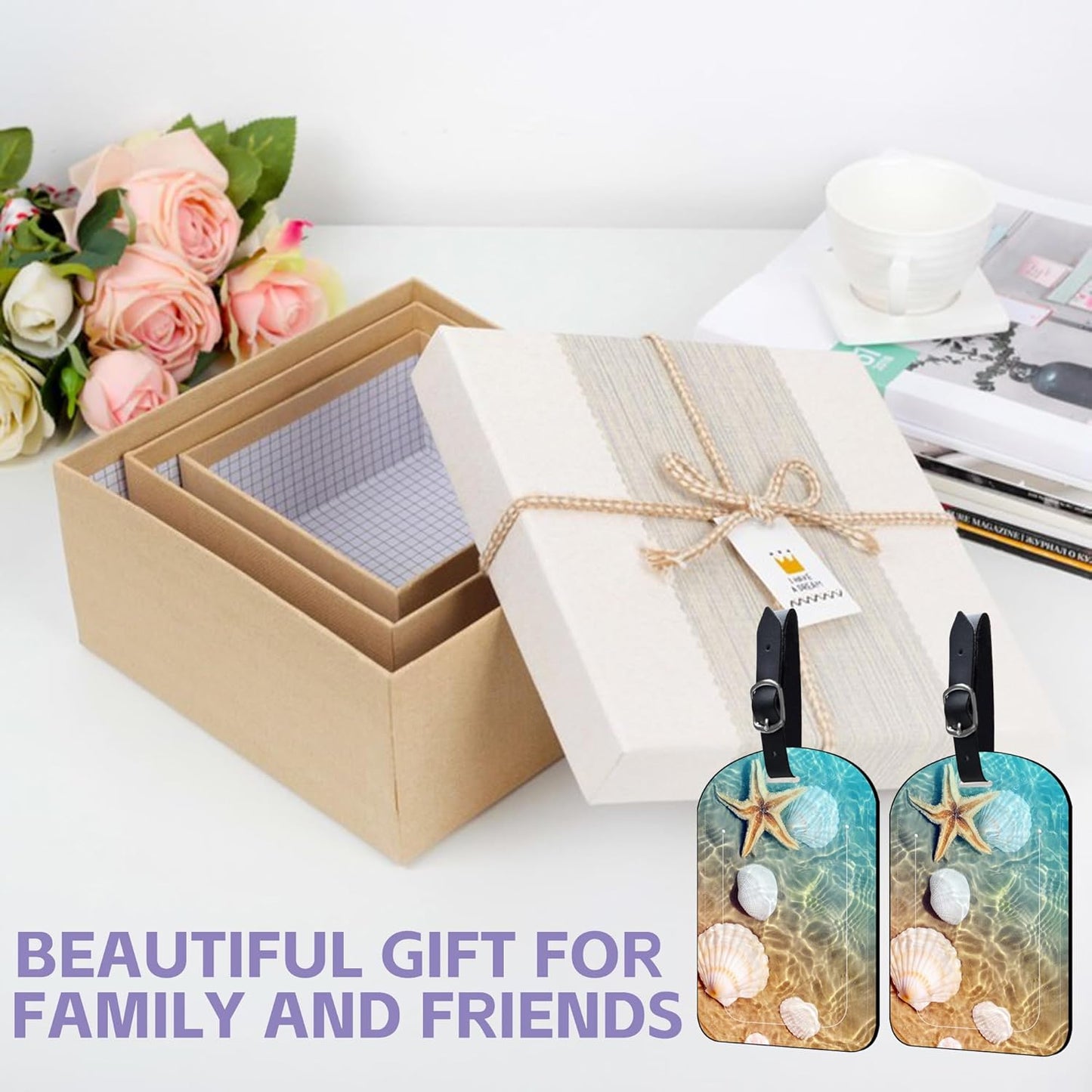 2 Pack Luggage Tags Summer Beach PU Leather Baggage Handbag Suitcase Tags with Secure Strap Privacy Cover ID Labels,Business Travel Baggage Tag Identifier