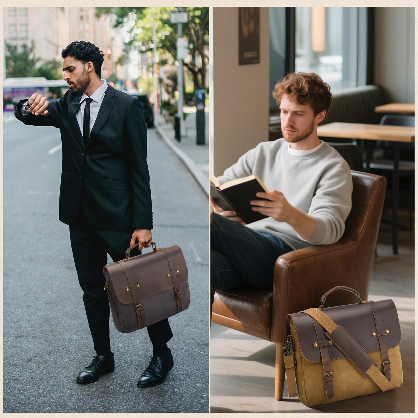 Mens Messenger Bag Waxed Canvas Laptop Briefcase 16“ Vintage Genuine Leather Crossbody Bags Waterproof Satchel Shoulder Bag