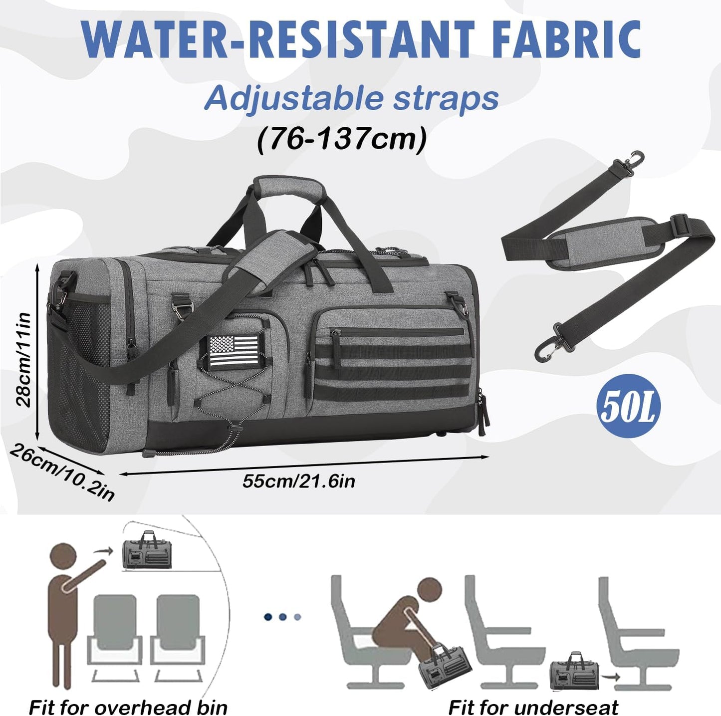 Gym Bag for Men and Women, 50L Extra Large Duffle Bag, 3-in-1 Travel Sports Duffel Bags with Shoe & Laptop Compartment for Overnight Weekender Gym Traveling Workout Deployment, Black + Gray