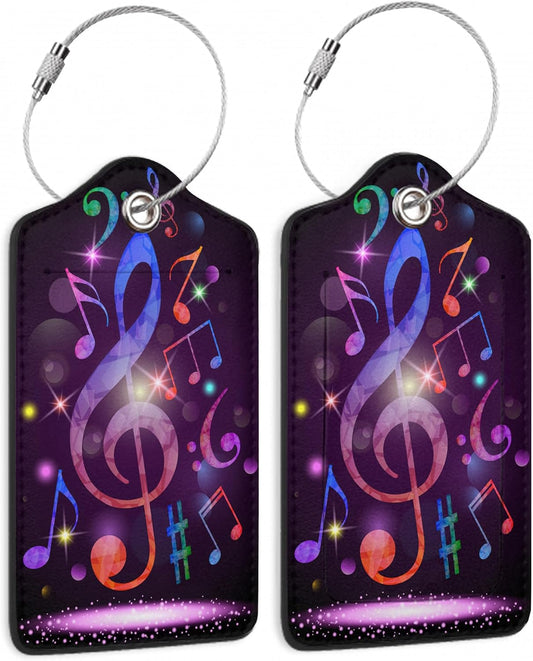 Luggage Tags Set of 2 Colorful Music Notes Leather Suitcase Tags with Stainless Steel Loop and Privacy Cover for Women Men Travel Luggage Accessories