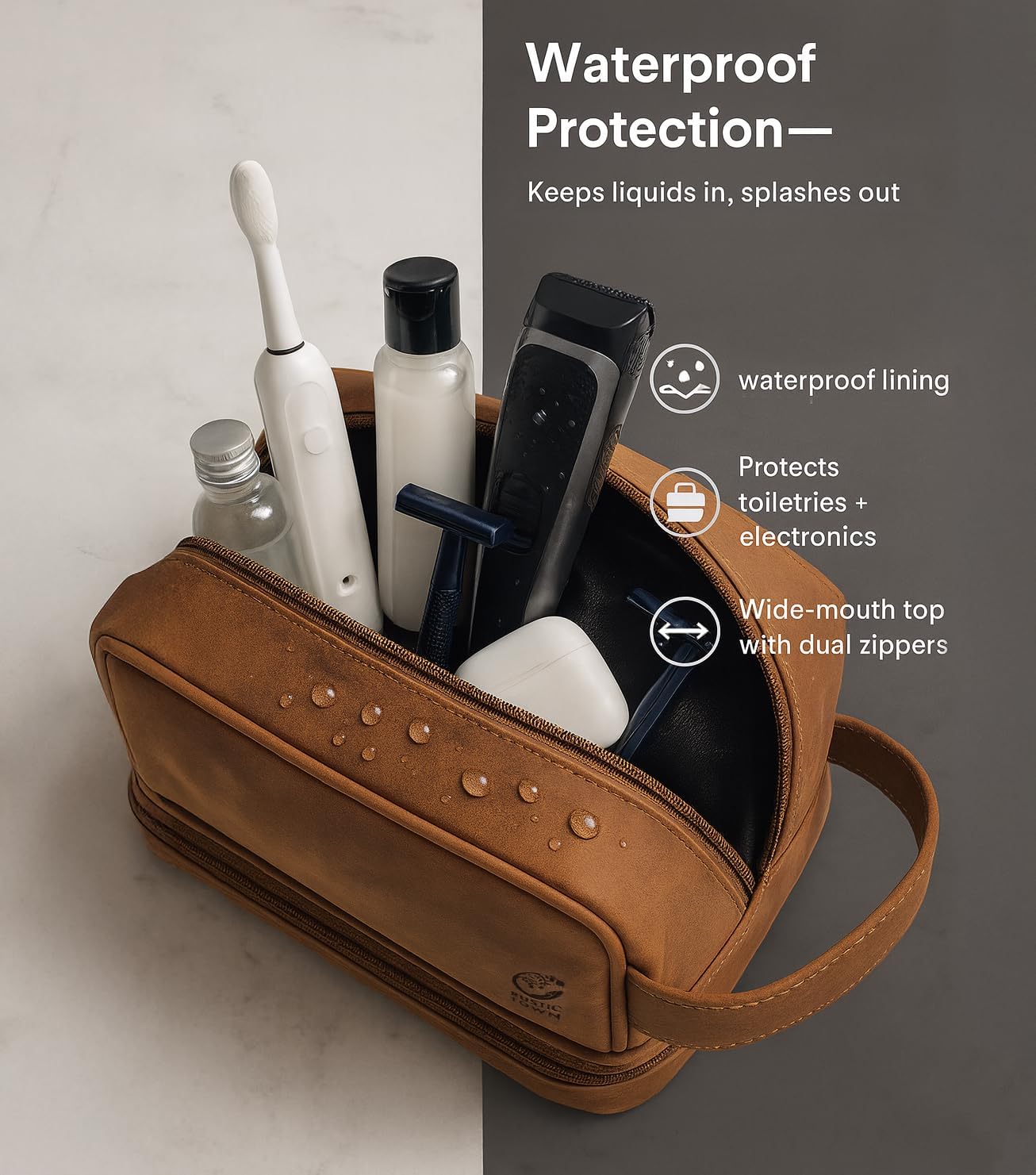RUSTIC TOWN Leather Toiletry Bag - Waterproof Ditty Kit for Men and Women, Travel Organizer for Full-Size Essentials, TSA Approved