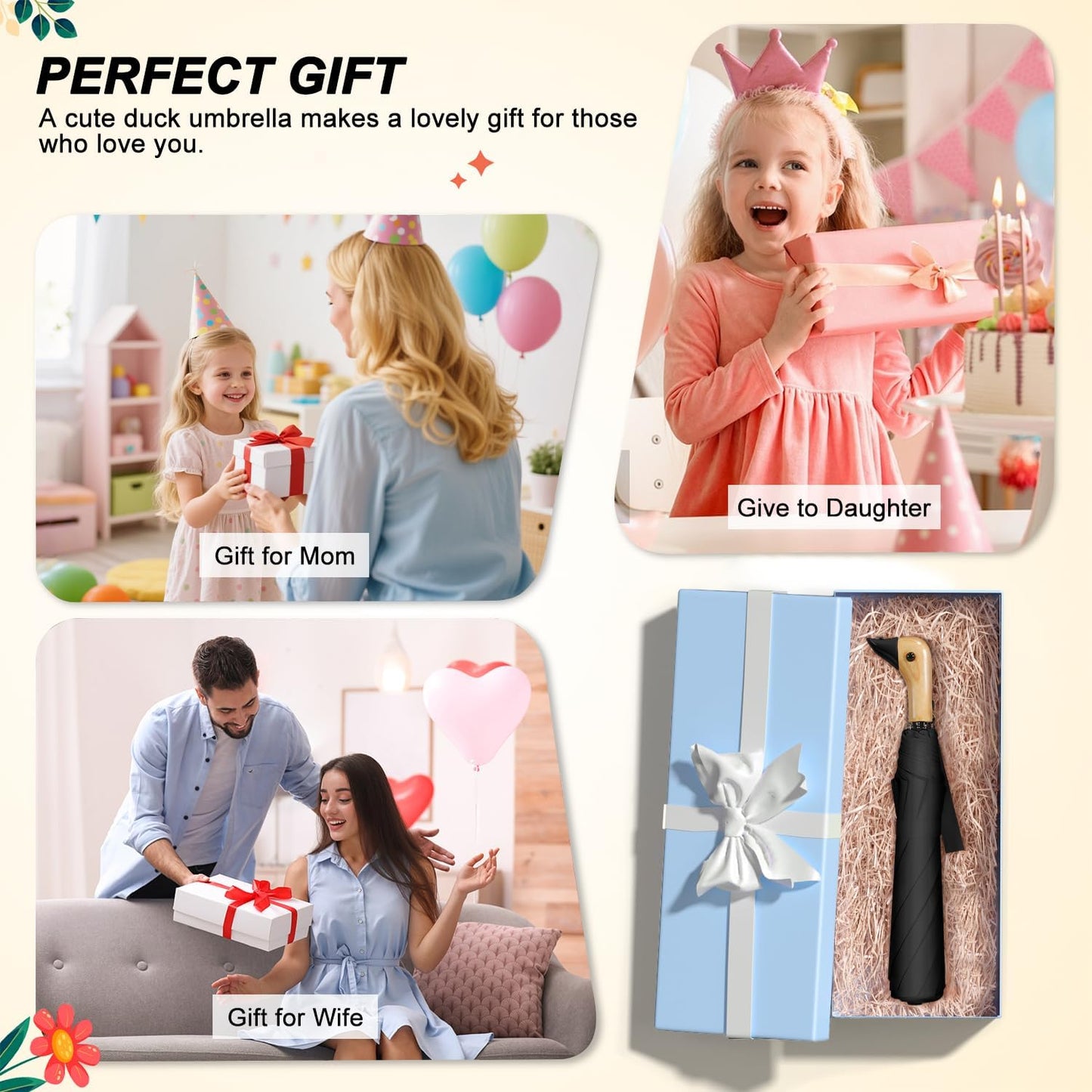 Duck Handle Umbrella Kids - Compact Portable Folding Lightweight Small Strong Wooden Duck Windproof Travel Umbrella for Kids Gifts