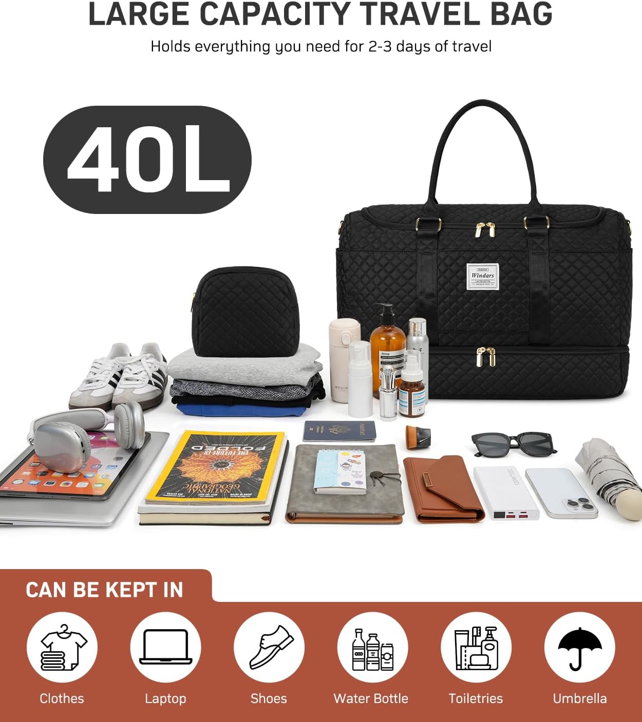 Travel Duffle Bag, Weekender Bags for Women with Shoe Compartment, Overnight Bag with Toiletry Bag, Carry On Duffel Bags For Airplanes, Yoga Gym Duffel Bag, Black