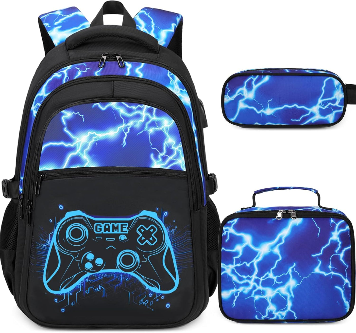 Boys Backpack for School, 3PCS Cool Luminous Gamer Backpack for Boys with Lunch Box Pencil Case, Kids Backpacks Bookbag for Teen Boy Elementary Middle High School with USB Charging Port