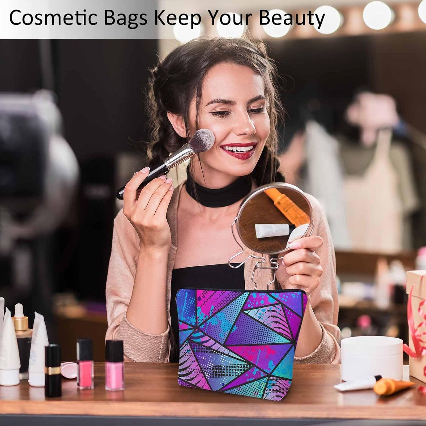 Chaotic Triangles Makeup Organizer Bag Cosmetic Bag For Men Women Chaotic Geometric Graffiti Triangle Travel Toiletry Bag Flax Makeup Bags Purse Business Makeup Pouch For Toiletries Cosmetics