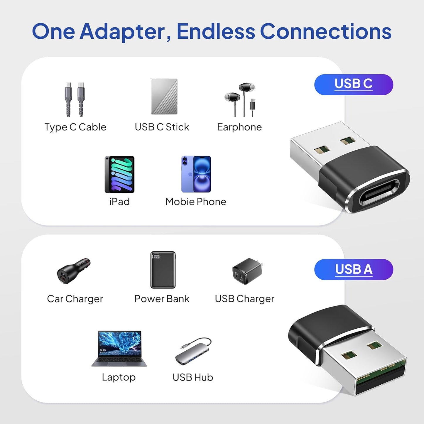 Elebase USB to USB C Adapter for iPhone 17 4Pack,USBC Female to A Male Car Charger Adapter,Type C Converter Apple 16 Pro Max 15 14 Plus,iWatch Watch 11 10 Se Ultra 3,iPad Air,Samsung Galaxy S25,Black