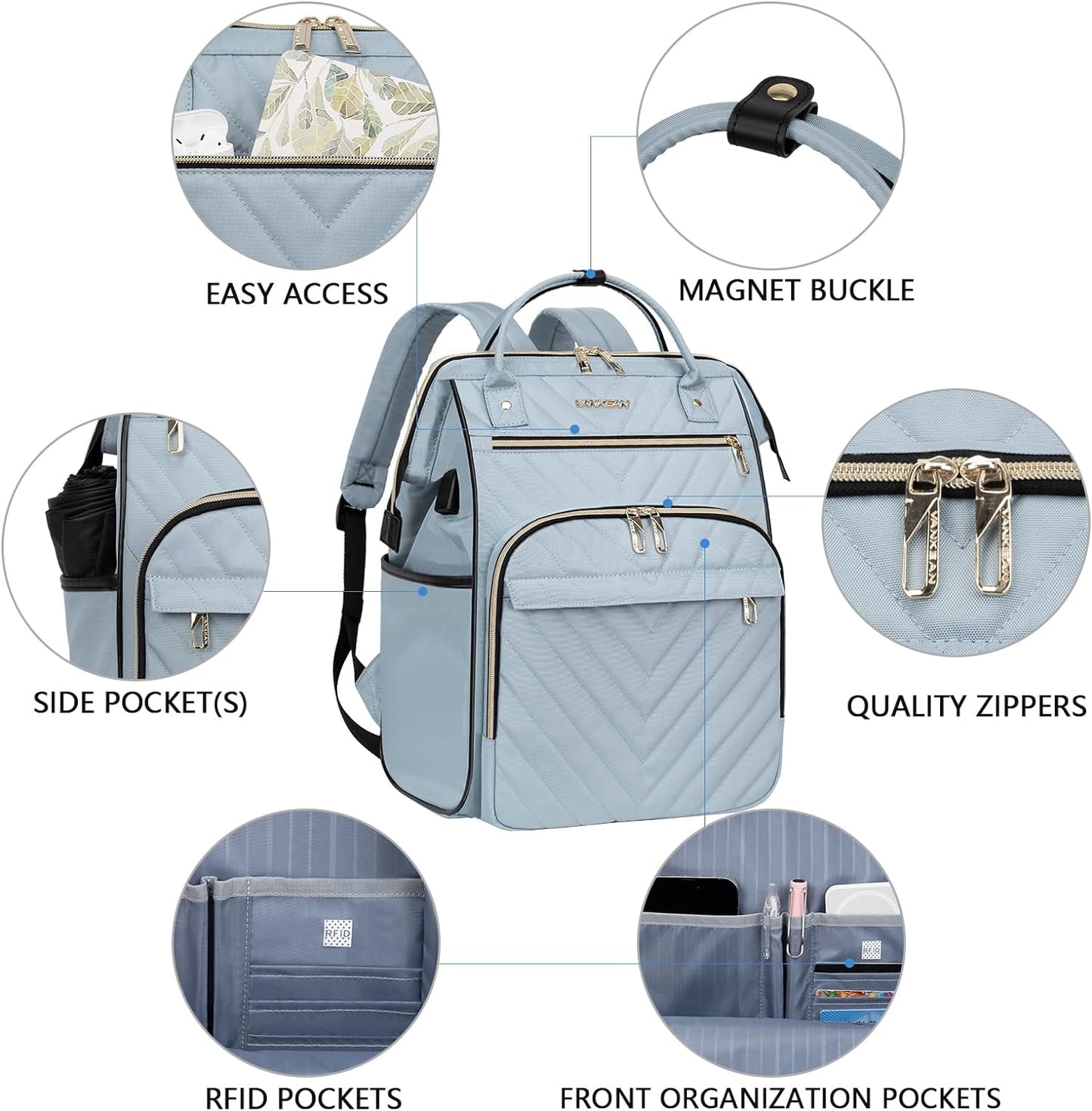 VANKEAN 17 Inch Laptop Backpack for Women Men Fashion Computer Work Bag, Large Capacity Waterproof, with USB Port & RFID Pockets, College Daypack Business Travel Backpack, Light Blue