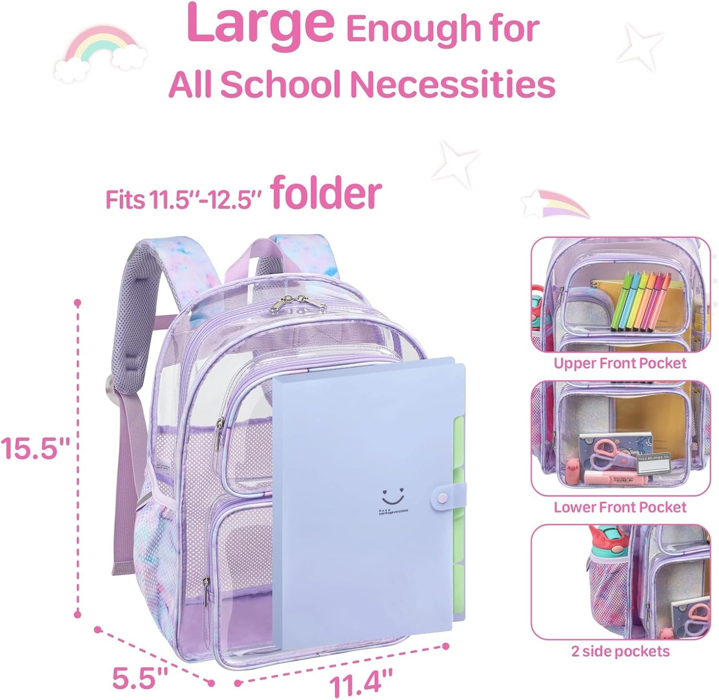 Bagseri Clear Backpack for Girls - 15 Inch Clear Bookbag for Kids Aged 3 to 8 Heavy Duty Transparent Backpack for School, Cute See Through Bag with Reflective Strip, Purple Tie-dye