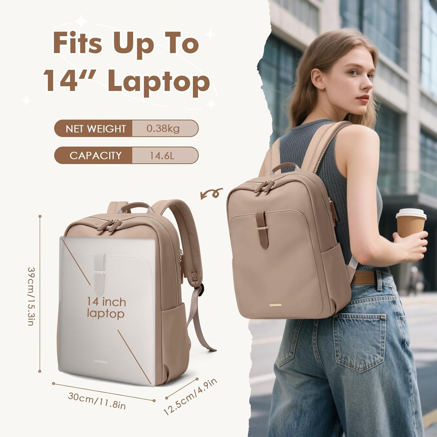 Laptop Backpack for Women,Casual Work Business Backpacks Purse Carry on Travel Backpack,14 Inch,Brown
