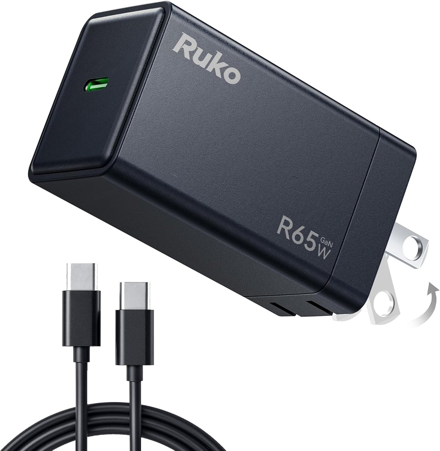 Ruko 65W Type C Charger Fast Charging, GaN Charger Block, Foldable Plug, Compatible with iPhone 17/16/15, MacBook Pro/Air, Galaxy S25/S24, Pixel 10/9, and More (USB-C Cable Included)