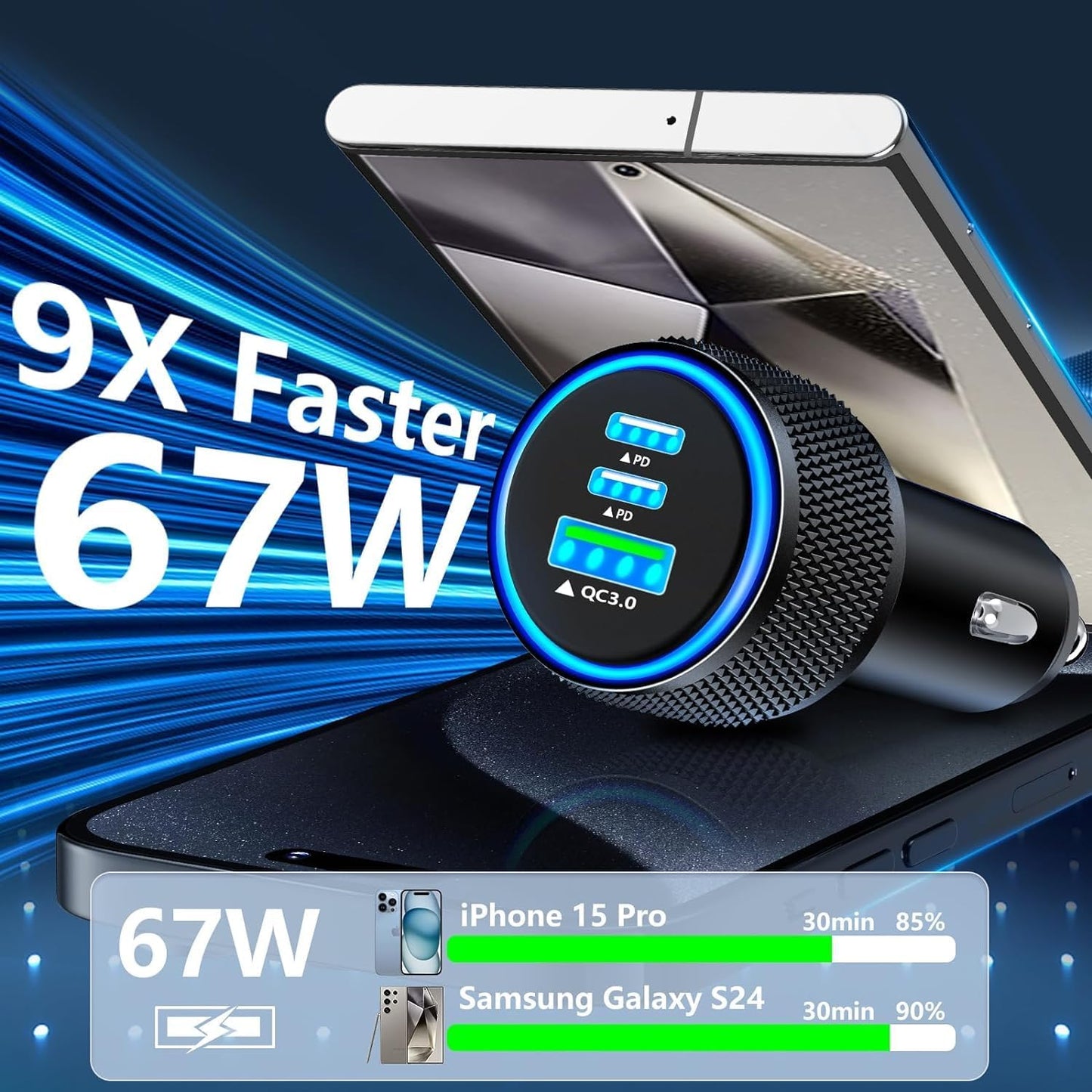 USB C Car Charger for iPhone 17, 2Pack BAOYUANDA 67W 3-Port USB-C & USB-A Fast Car Charger Cigarette Lighter Fast Charging for iPhone 17/16/15/14/13/12/Pro Max, iPad Pro, Galaxy, Google Pixel, Android