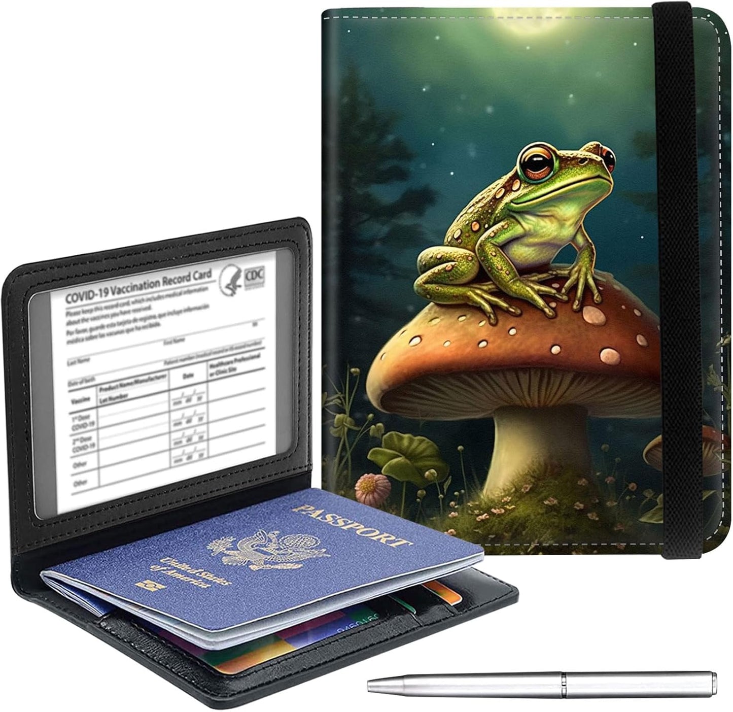 Passport Holder Cover Wallet Travel Essentials RFID Blocking Case Leather Passport Cover Wallet Vaccine Card Slot Organizer for Men Women, Frog Mushroom