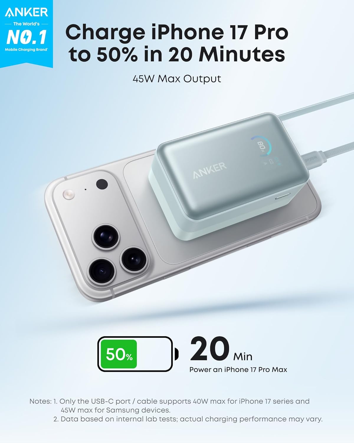 Anker Nano Portable Charger, 10,000mAh 45W Max Compact Power Bank, Travel Essential Phone Battery Pack with 2.3 ft InstaCord Retractable Cable for iPhone 17/16 Series, iPad, Galaxy, Pixel, and More