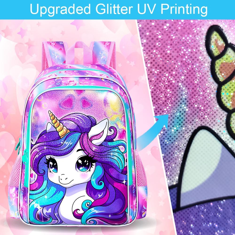 CCJPX 3PCS Unicorn Backpack for Girls, 16”Kids Preschool Bookbag Set, Cute Water Resistant Elementary School Bag and Lunch Box