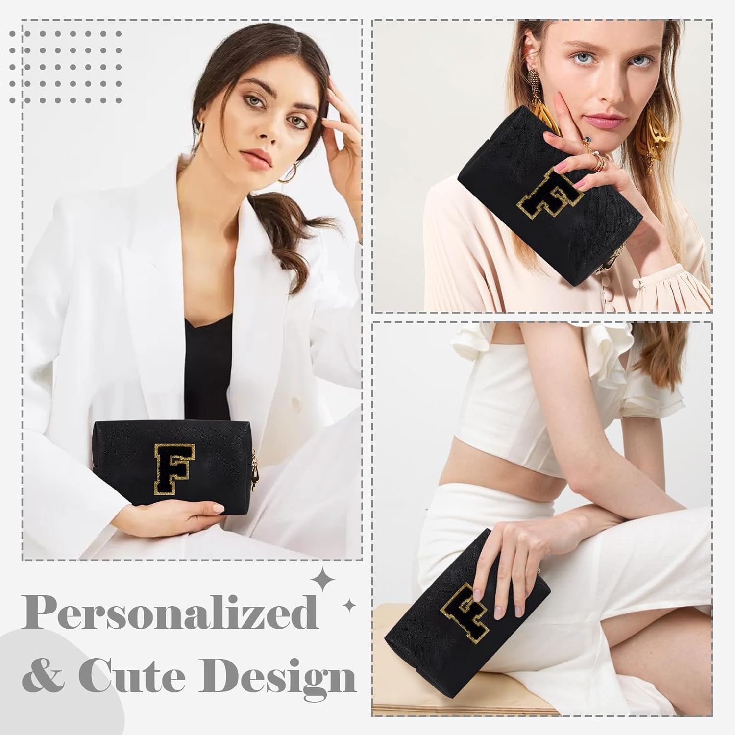 Personalized Initial A-Z Preppy Patch Makeup Bag,Small PU Chenille Letter Cosmetic Bag with Zipper