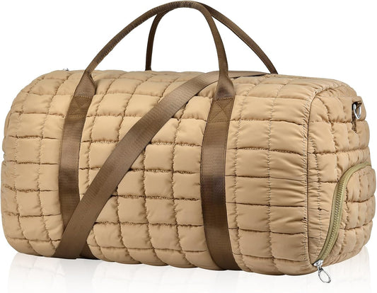 Dimayar Puffer Duffle Bag for Travel – 22”x14”x9” Airline-Approved, Puffy Weekender Bag for Women with Shoe Compartment,40L（Khaki）