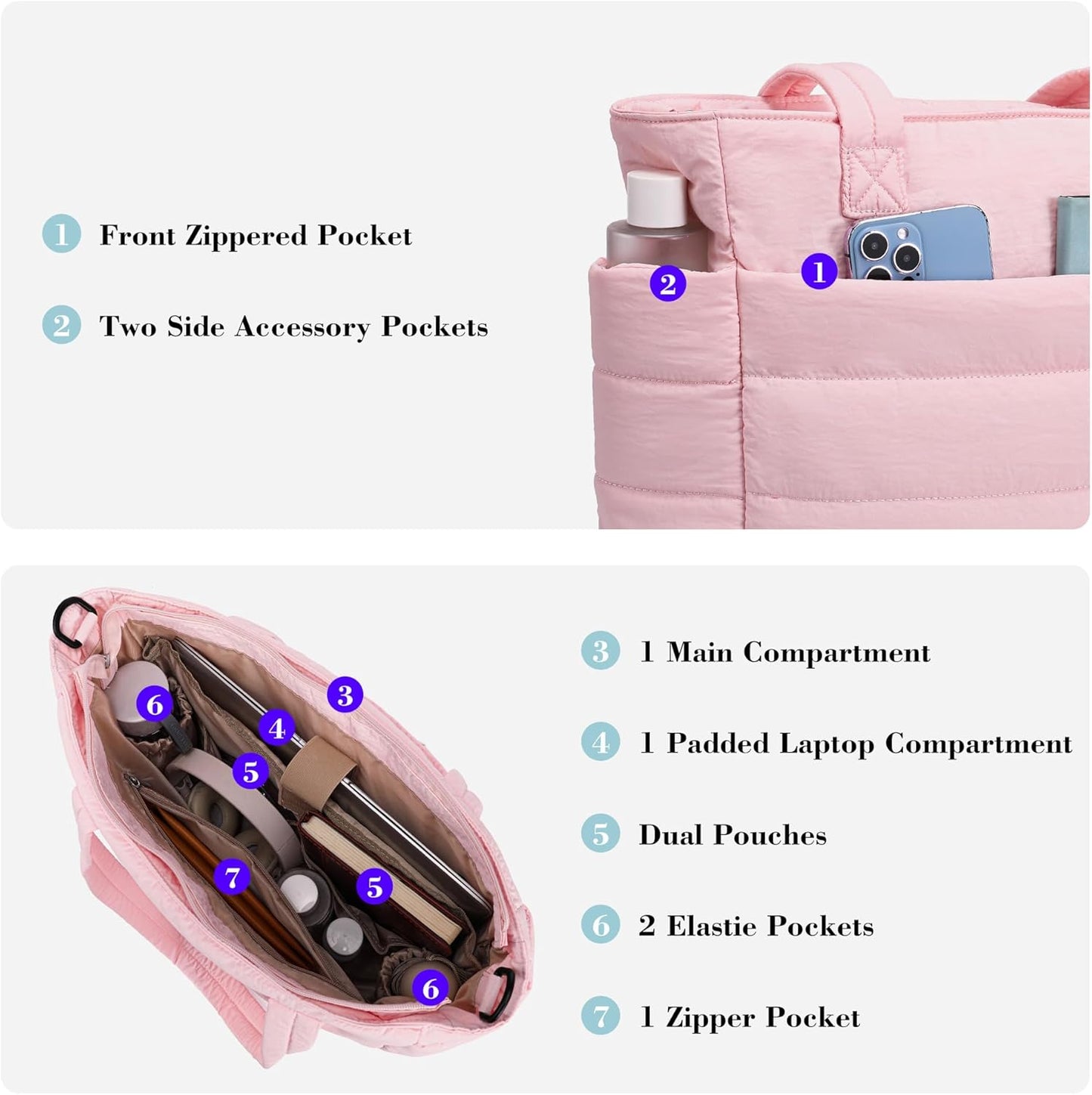 AOCINA Puffy Tote Bag for Women Quilted Work Bag Nurse Bags Women's Handbags for Travel
