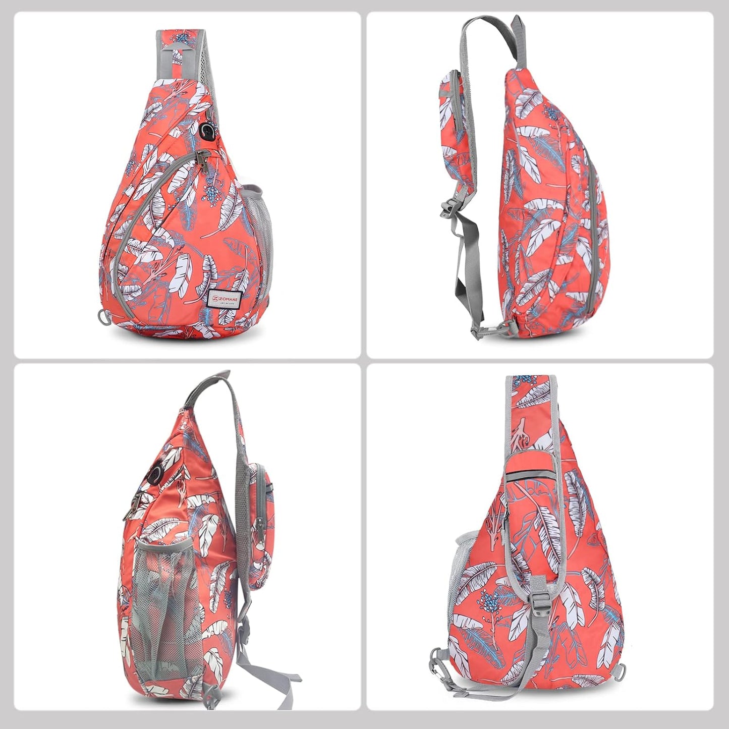 ZOMAKE Sling Bag,Small Crossbody Sling Backpack,Water Resistant Shoulder Daypack for Travel,Anti Thief Chest Bag for Hiking(Orange White Leaf)