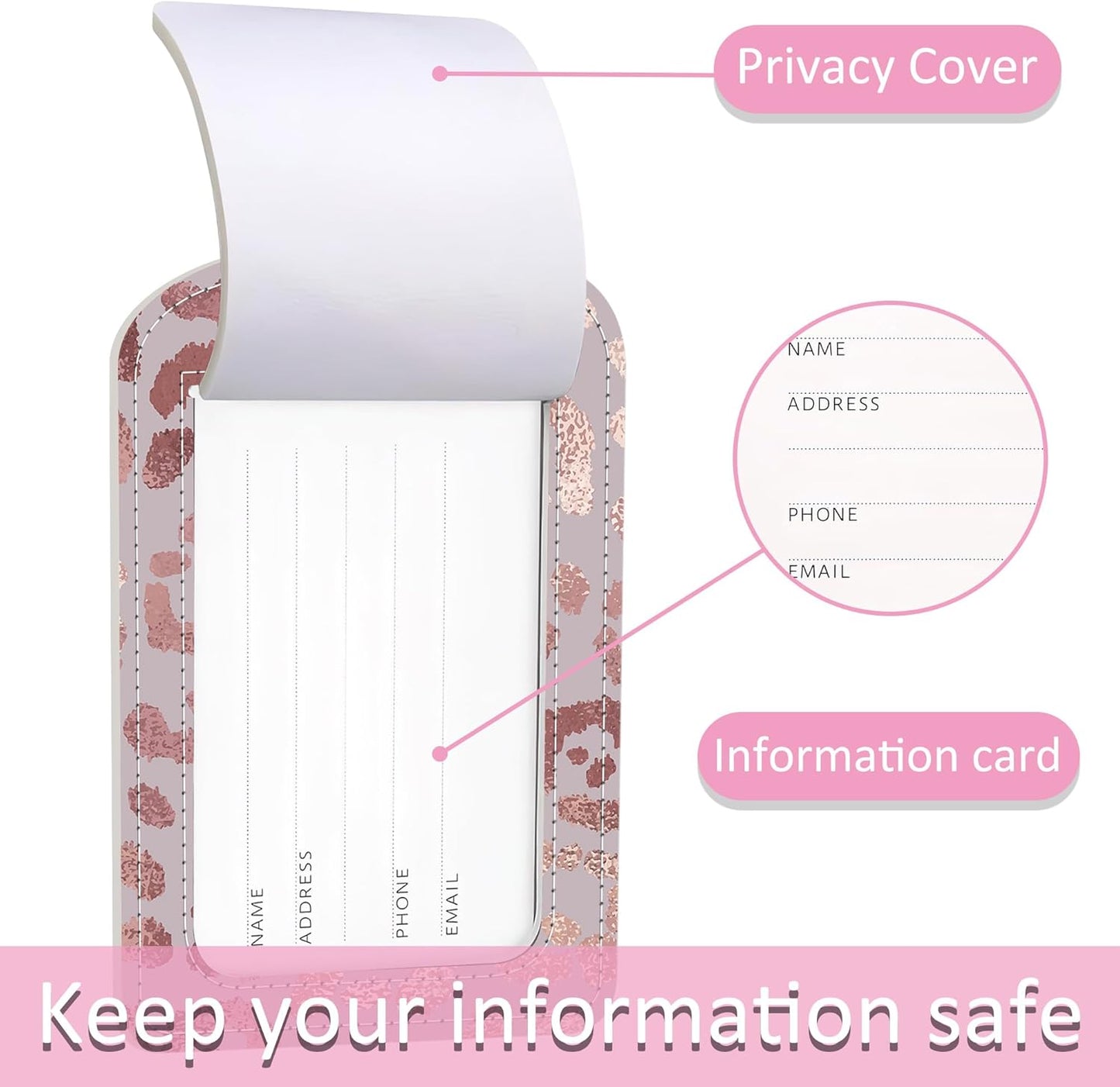 Luggage Tags for Suitcase,2 Pack Rose Gold Leopard Luggage Tag,PU Leather Id Label Luggage Tags with Stainless Steel Loop and Privacy Cover for Women Men Teens Travel