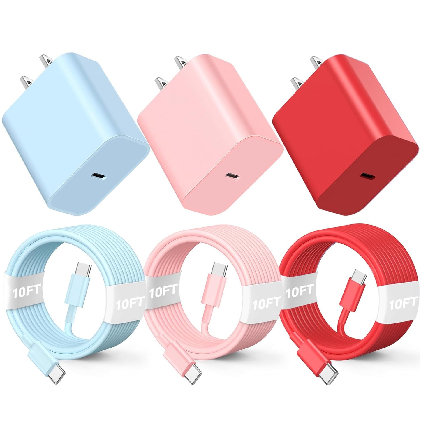 Compatible with iPhone16/15 Charger Fast Charging, 3 Pack 20W USB C Colorful Charger Block with 10 FT USB-C to C Cable for Phone16 15 Pro/Plus/Pro Max,Pad Pro 12.9/11 inch,Pad Air 5th-Blue/Pink/Red