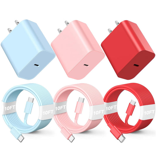 Compatible with iPhone16/15 Charger Fast Charging, 3 Pack 20W USB C Colorful Charger Block with 10 FT USB-C to C Cable for Phone16 15 Pro/Plus/Pro Max,Pad Pro 12.9/11 inch,Pad Air 5th-Blue/Pink/Red