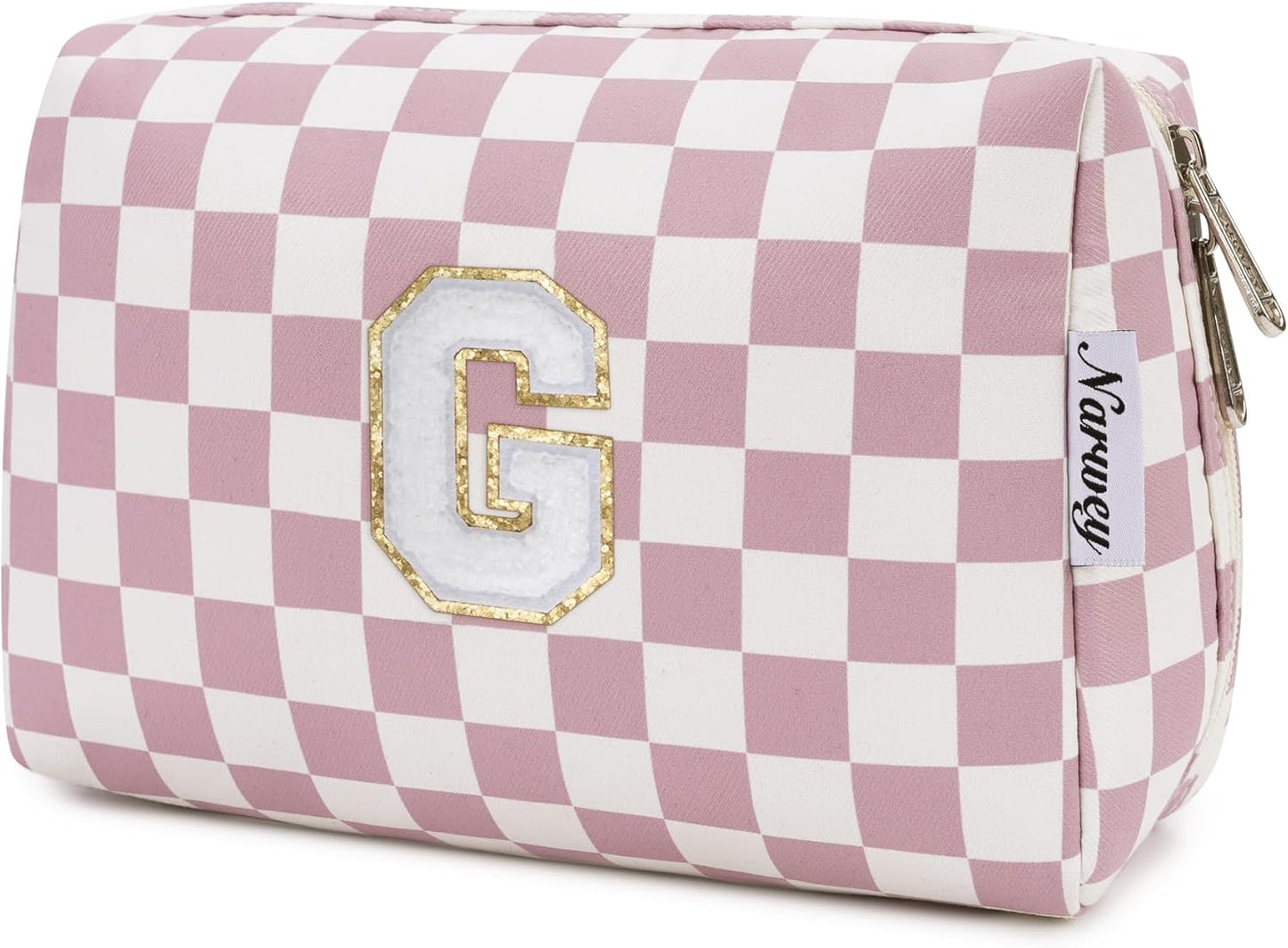 Narwey Birthday Gifts for Teen Girls Kids Women Personalized Initial Checkered Makeup Bag Pink Monogram Cosmetic Bag Trendy Stuff 6 8 10 11 12 13 14 16 18 Years Old Travel Toiletry Bag (Dusty Rose G)