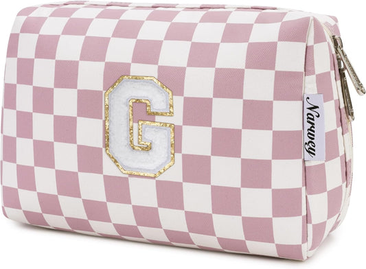 Narwey Birthday Gifts for Teen Girls Kids Women Personalized Initial Checkered Makeup Bag Pink Monogram Cosmetic Bag Trendy Stuff 6 8 10 11 12 13 14 16 18 Years Old Travel Toiletry Bag (Dusty Rose G)