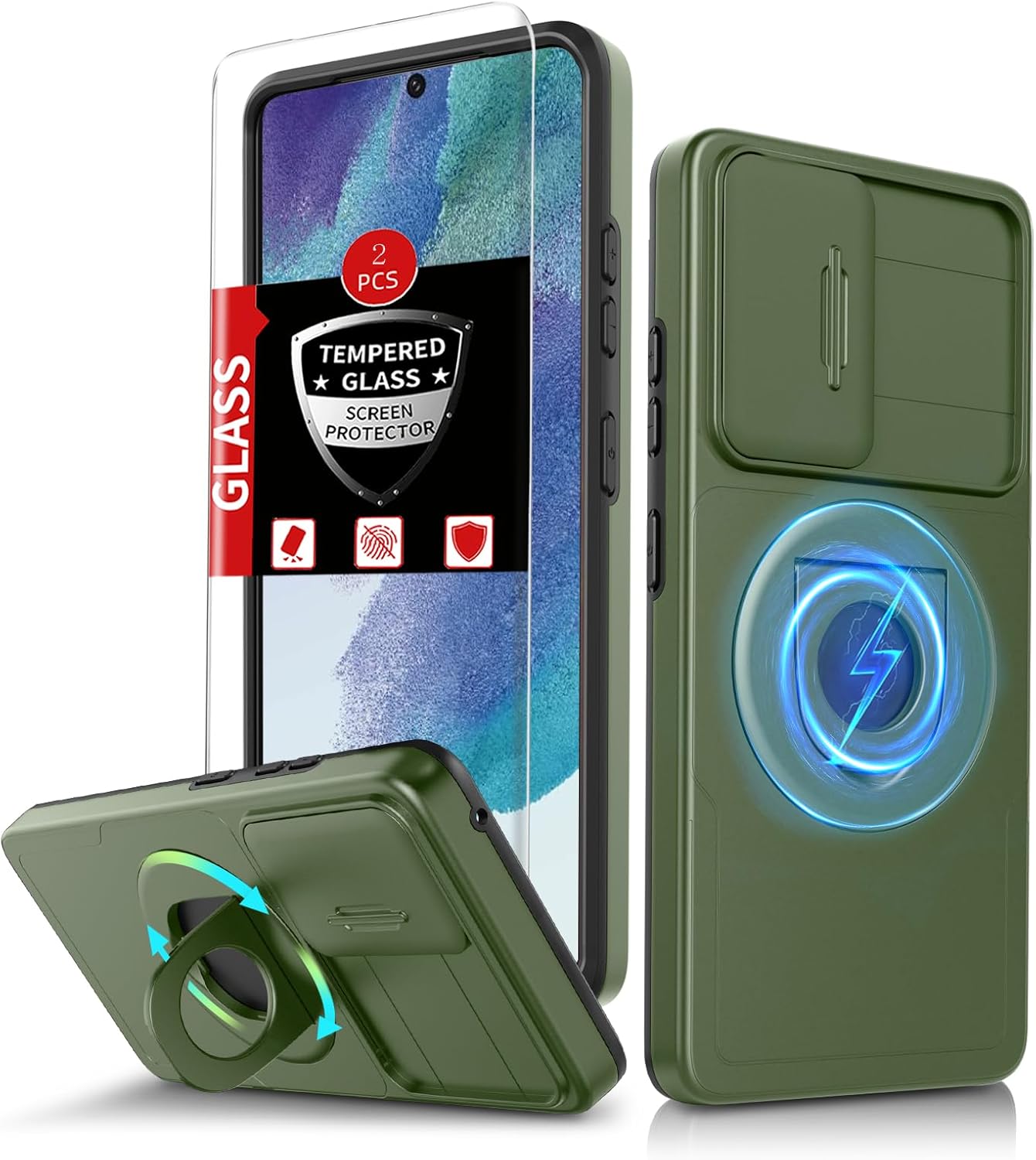 for Samsung Galaxy s21 FE Case Magnetic Compatible with MagSafe Wireless Charging,with 2 Screen Protectors,Built-in Stand Ring+Camera Cover Anti-Scratch Shockproof Heavy Duty Protection Green