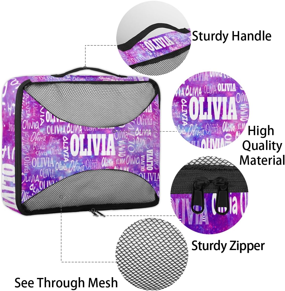 Personalized Packing Cubes, Set of 4 with Zipper Handles, Custom Name Travel Suitcases Luggage Packing Organizers, Watercolor Purple Galaxy Background