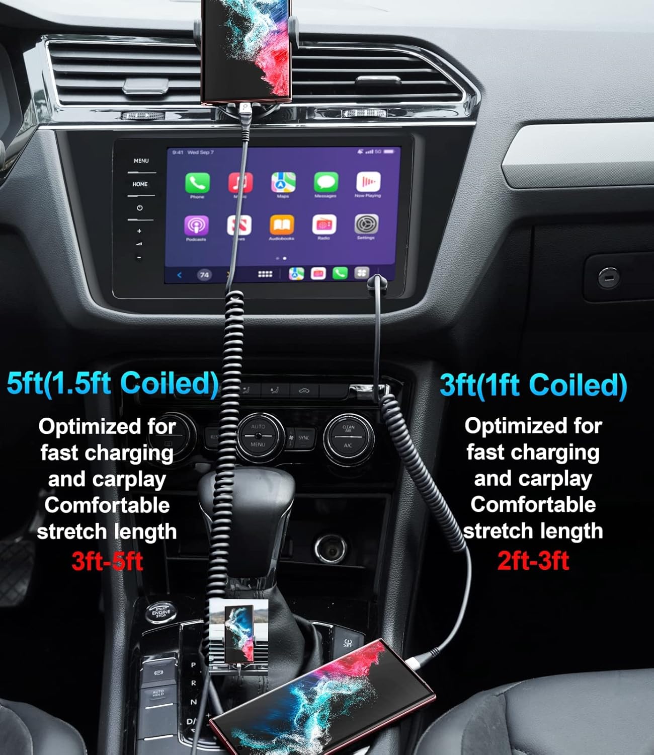 USB Type C Coiled Cable Fast Charging (3FT/5FT), 2Pack Android Auto Charging Cord for Car, Short USB A to USB C Charge Cable Compatible with iPhone 17/16/15/Pro Max/Samsung Galaxy S20 Note 10 and More